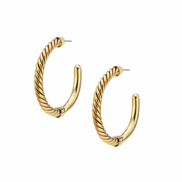 Two c-shaped rounded hoop earrings in gold with straight posts.