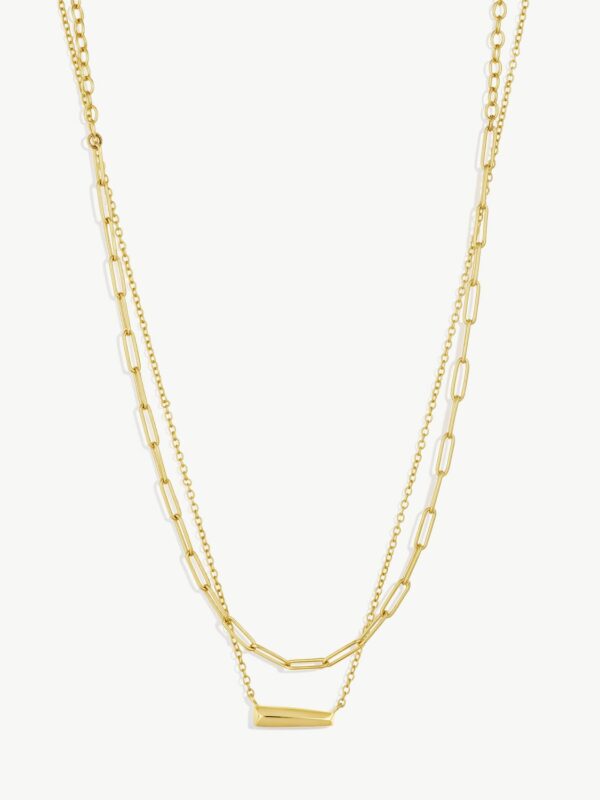 Two gold necklaces on a white background. One gold necklace is a larger chain while the other is a smaller chain.
