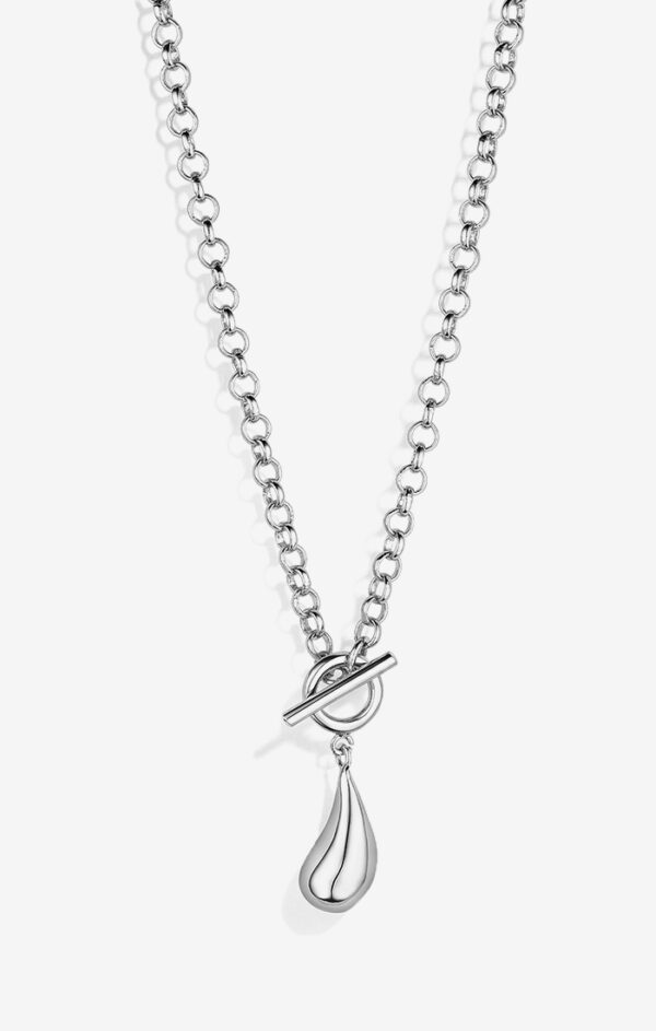 chrome-plated recycled brass chain necklace with drop-shaped charm and toggle front closure