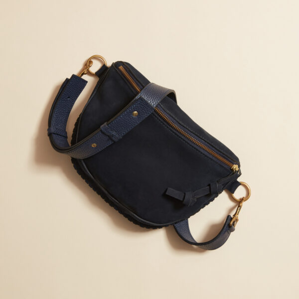 blue suede belt bag