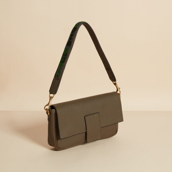 olive leather bag with beaded strap