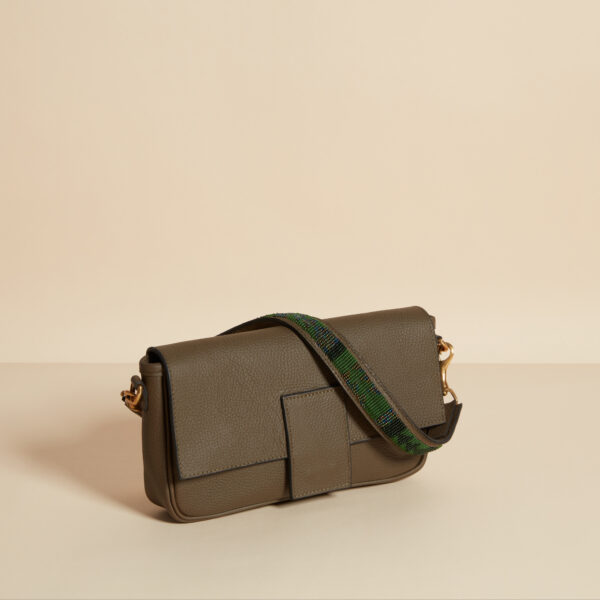 olive leather bag with beaded strap