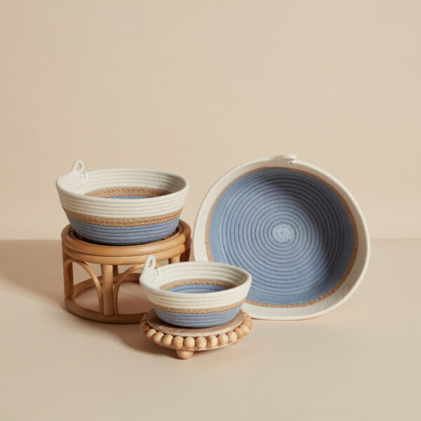 Set of three bowls in blue and jute