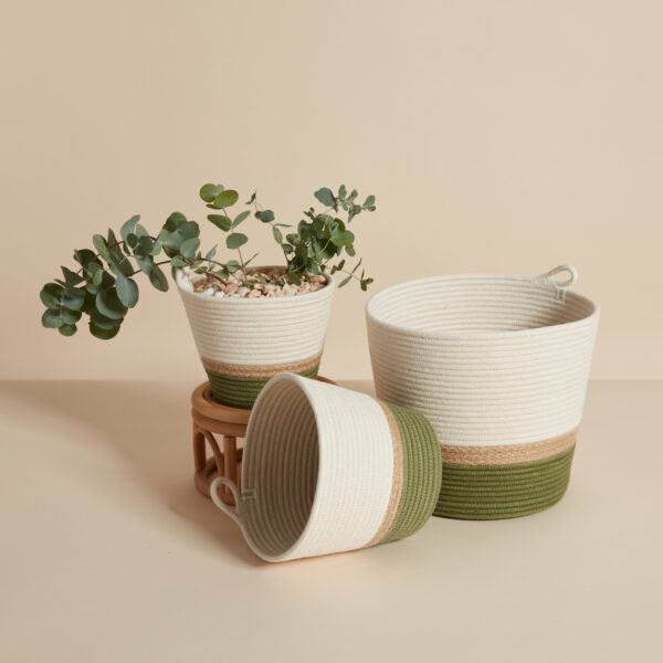 Set of three planters in olive and jute