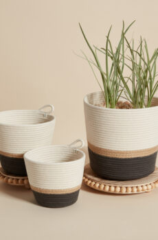 Set of three planters in charcoal and jute