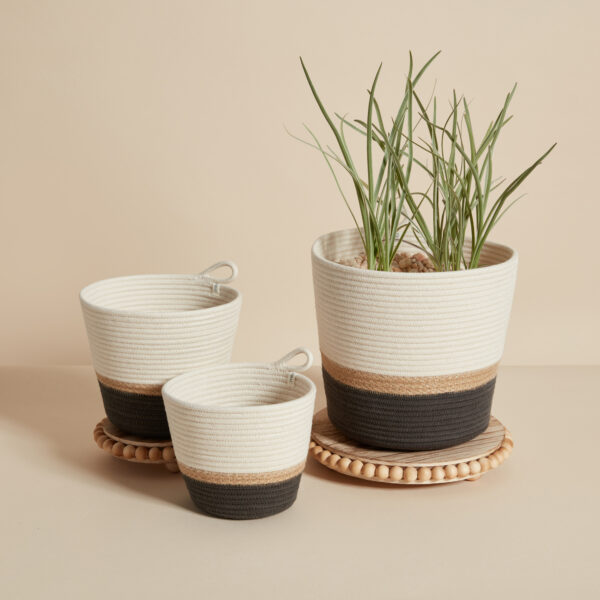 Set of three planters in charcoal and jute