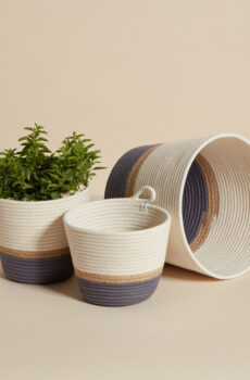Set of three planters in gray and jute