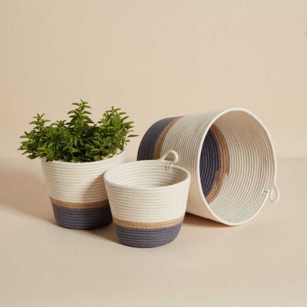 Set of three planters in gray and jute