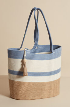 Cotton shopper bag in blue and jute