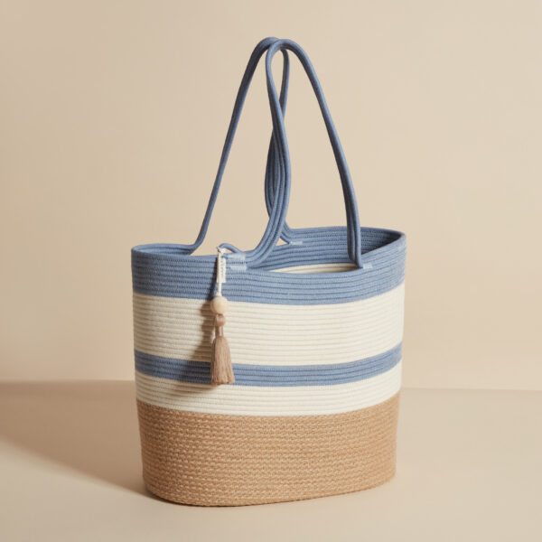 Cotton shopper bag in blue and jute