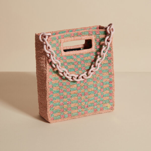 raffia bag in pink and blue